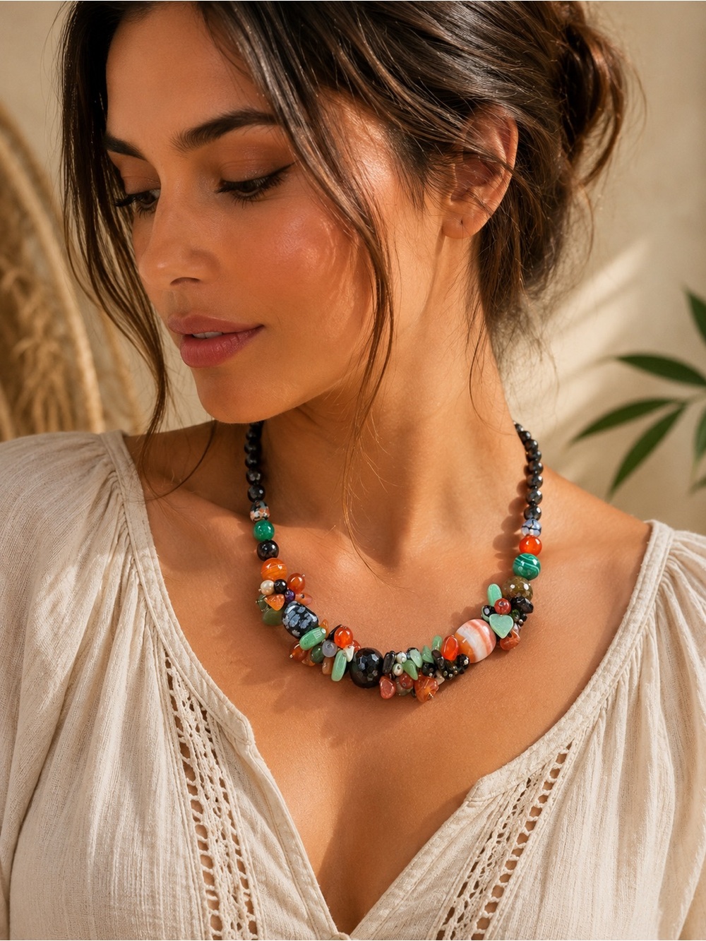 Handmade Stone & Bead Statement Necklace | Artisan Boho Jewelry